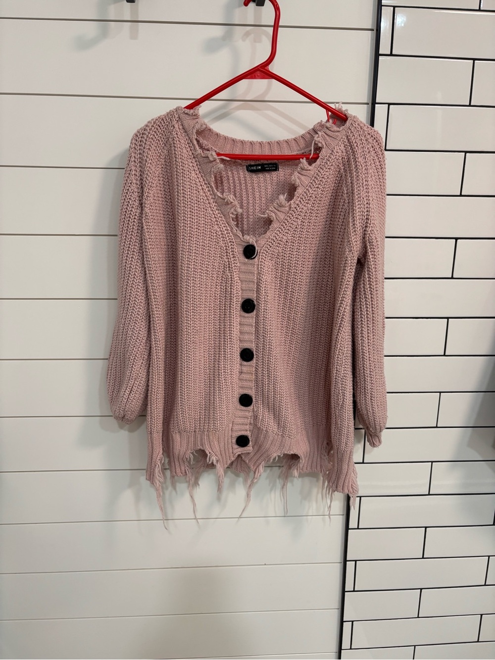 SHEIN Lavender Pink Distressed Ruffle V-Neck Cardigan